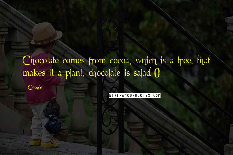 Google Quotes: Chocolate comes from cocoa, which is a tree. that makes it a plant. chocolate is salad:0