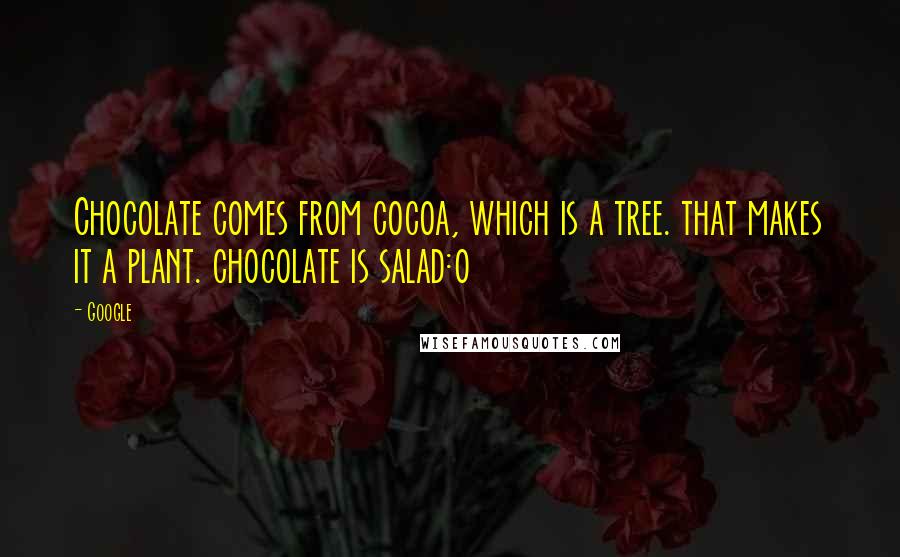 Google Quotes: Chocolate comes from cocoa, which is a tree. that makes it a plant. chocolate is salad:0