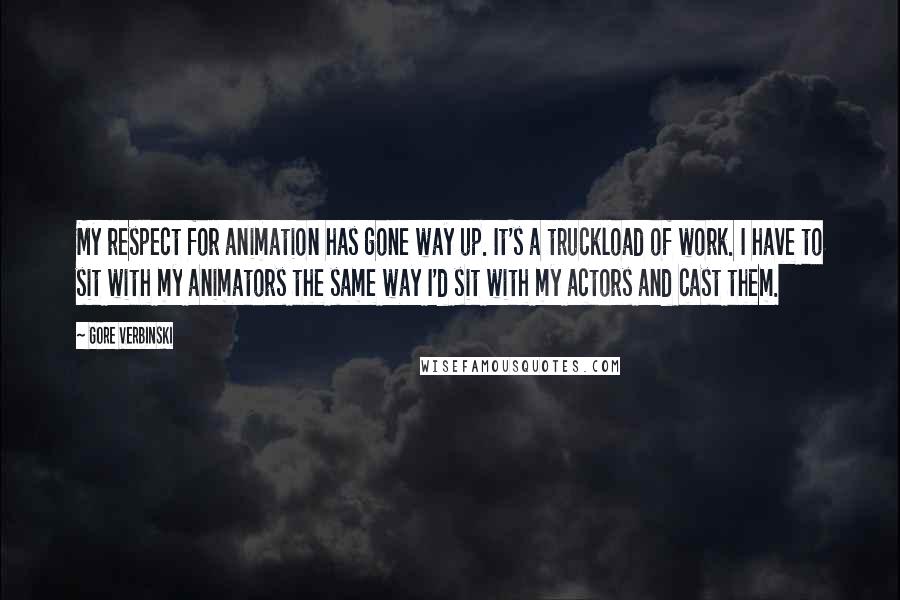 Gore Verbinski Quotes: My respect for animation has gone way up. It's a truckload of work. I have to sit with my animators the same way I'd sit with my actors and cast them.