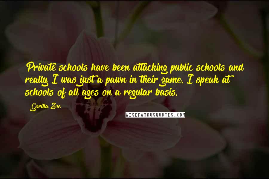 Gorilla Zoe Quotes: Private schools have been attacking public schools and really I was just a pawn in their game. I speak at schools of all ages on a regular basis.