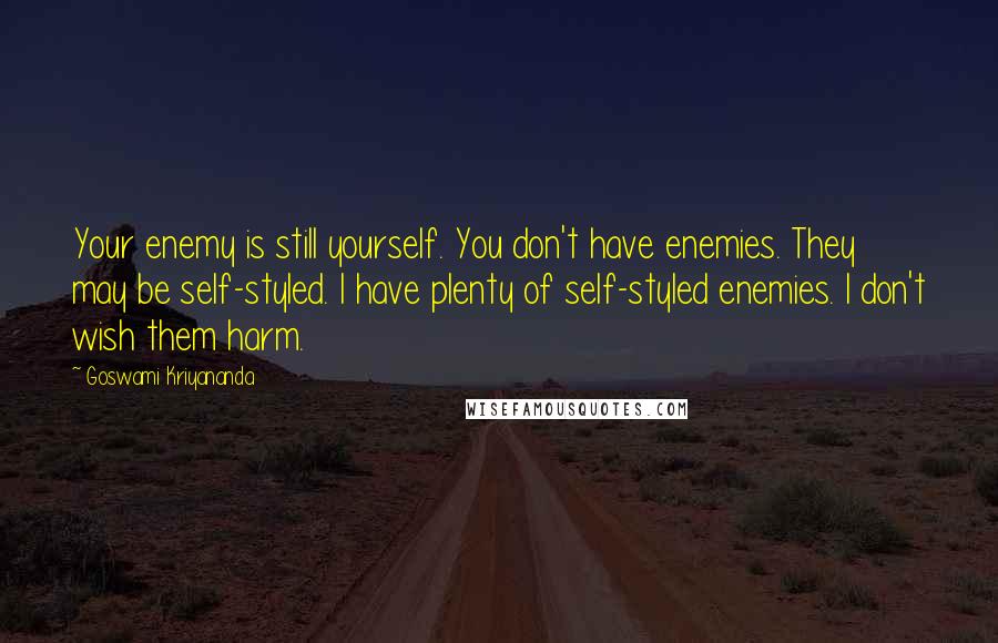 Goswami Kriyananda Quotes: Your enemy is still yourself. You don't have enemies. They may be self-styled. I have plenty of self-styled enemies. I don't wish them harm.