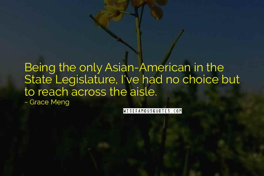 Grace Meng Quotes: Being the only Asian-American in the State Legislature, I've had no choice but to reach across the aisle.