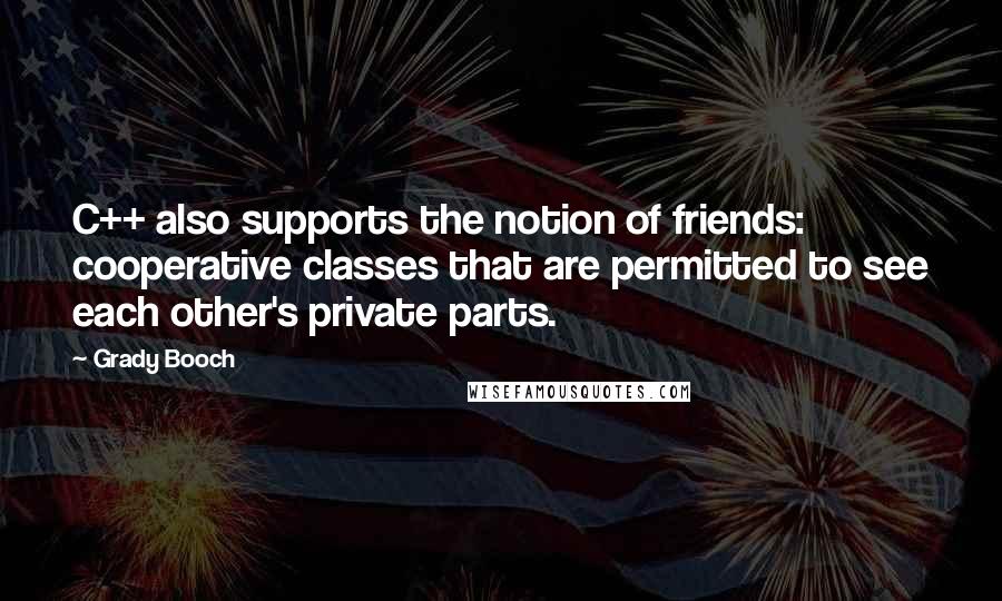 Grady Booch Quotes: C++ also supports the notion of friends: cooperative classes that are permitted to see each other's private parts.