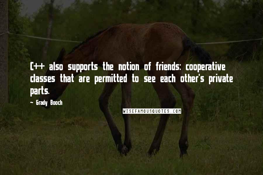 Grady Booch Quotes: C++ also supports the notion of friends: cooperative classes that are permitted to see each other's private parts.