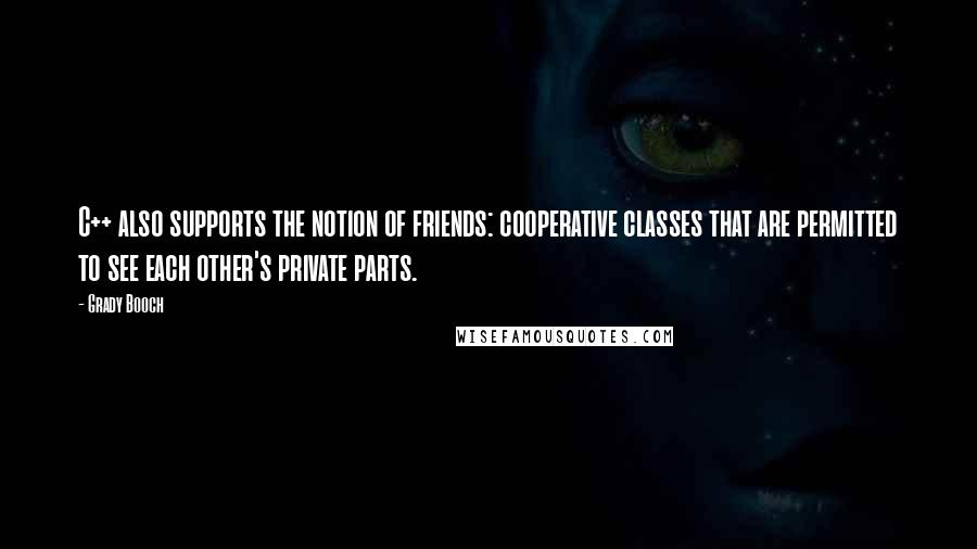 Grady Booch Quotes: C++ also supports the notion of friends: cooperative classes that are permitted to see each other's private parts.