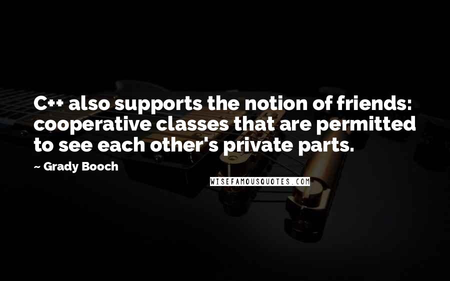 Grady Booch Quotes: C++ also supports the notion of friends: cooperative classes that are permitted to see each other's private parts.