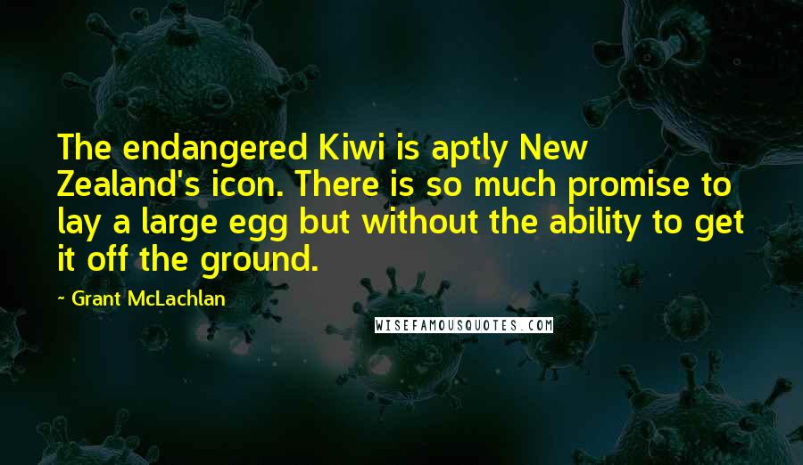 Grant McLachlan Quotes: The endangered Kiwi is aptly New Zealand's icon. There is so much promise to lay a large egg but without the ability to get it off the ground.