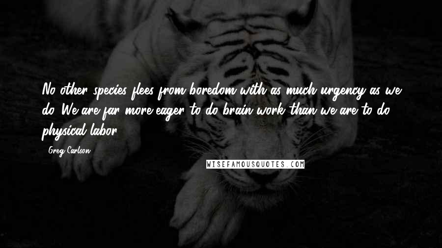 Greg Carlson Quotes: No other species flees from boredom with as much urgency as we do. We are far more eager to do brain work than we are to do physical labor.