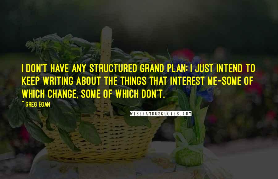 Greg Egan Quotes: I don't have any structured grand plan; I just intend to keep writing about the things that interest me-some of which change, some of which don't.