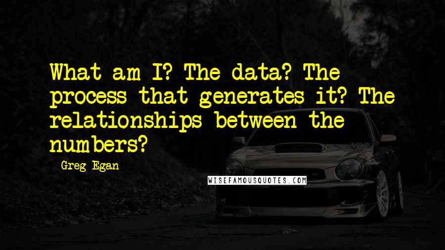 Greg Egan Quotes: What am I? The data? The process that generates it? The relationships between the numbers?