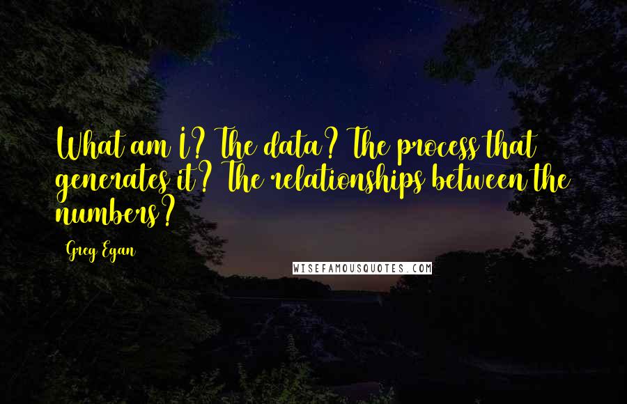 Greg Egan Quotes: What am I? The data? The process that generates it? The relationships between the numbers?