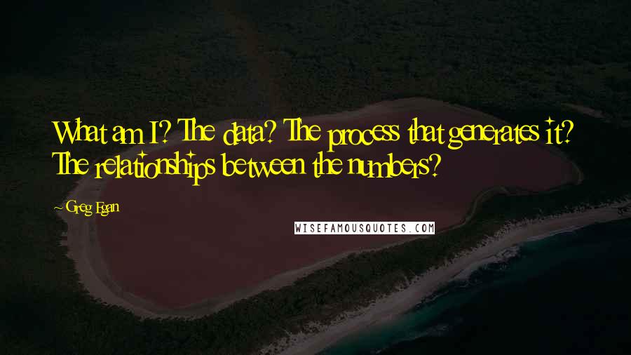 Greg Egan Quotes: What am I? The data? The process that generates it? The relationships between the numbers?