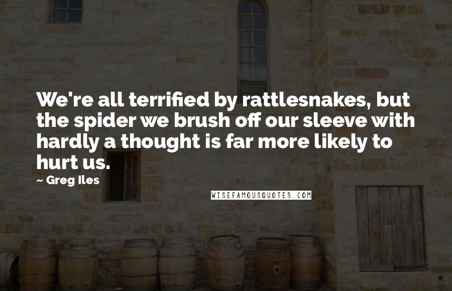 Greg Iles Quotes: We're all terrified by rattlesnakes, but the spider we brush off our sleeve with hardly a thought is far more likely to hurt us.