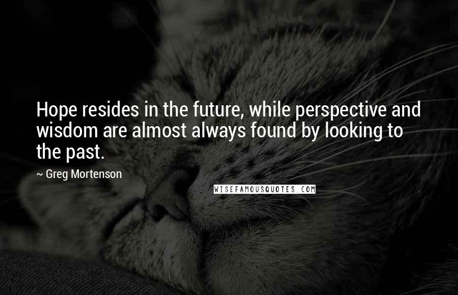 Greg Mortenson Quotes: Hope resides in the future, while perspective and wisdom are almost always found by looking to the past.