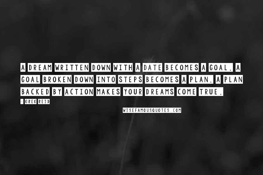 Greg Reid Quotes: A dream written down with a date becomes a goal. A goal broken down into steps becomes a plan. A plan backed by action makes your dreams come true.