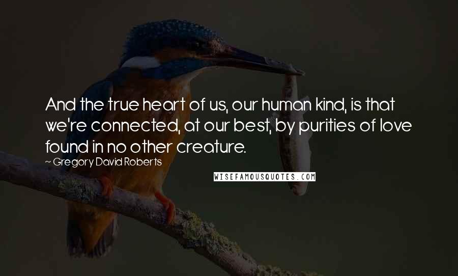 Gregory David Roberts Quotes: And the true heart of us, our human kind, is that we're connected, at our best, by purities of love found in no other creature.