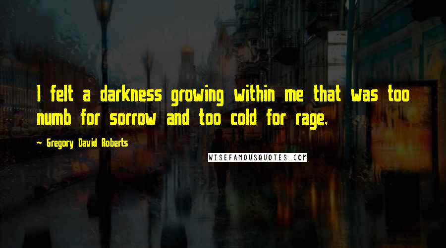 Gregory David Roberts Quotes: I felt a darkness growing within me that was too numb for sorrow and too cold for rage.