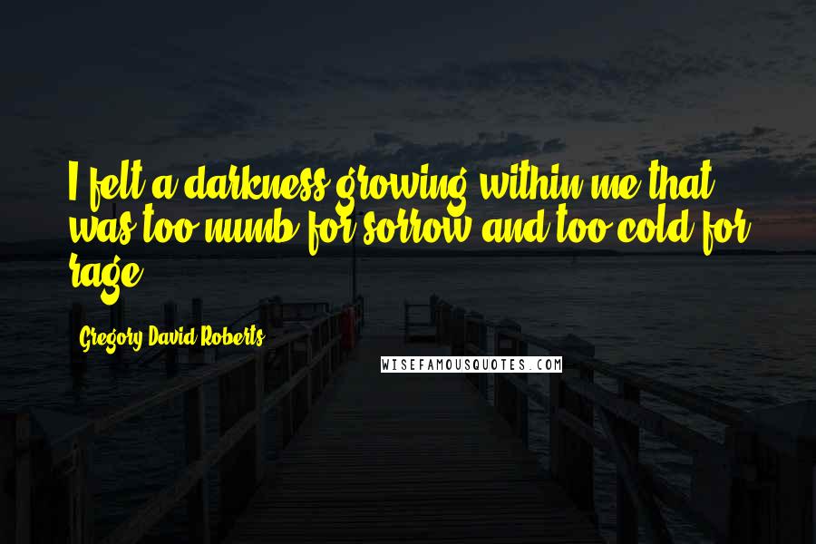 Gregory David Roberts Quotes: I felt a darkness growing within me that was too numb for sorrow and too cold for rage.