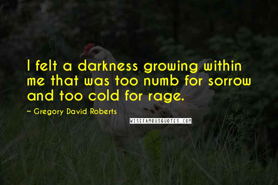 Gregory David Roberts Quotes: I felt a darkness growing within me that was too numb for sorrow and too cold for rage.