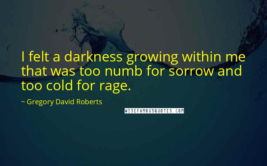 Gregory David Roberts Quotes: I felt a darkness growing within me that was too numb for sorrow and too cold for rage.