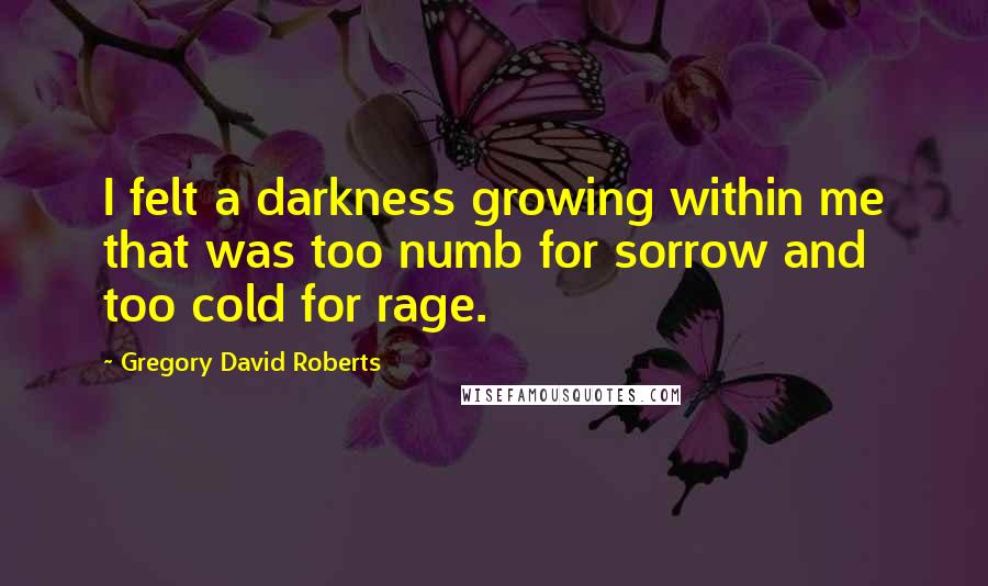 Gregory David Roberts Quotes: I felt a darkness growing within me that was too numb for sorrow and too cold for rage.