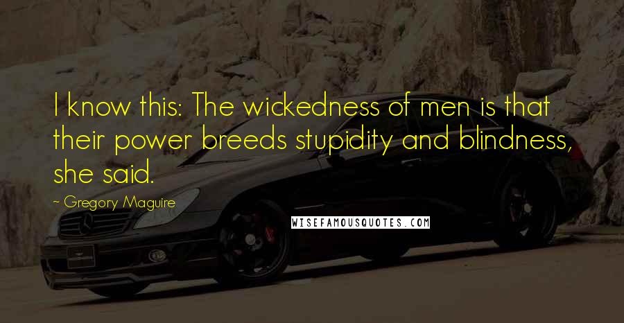 Gregory Maguire Quotes: I know this: The wickedness of men is that their power breeds stupidity and blindness, she said.