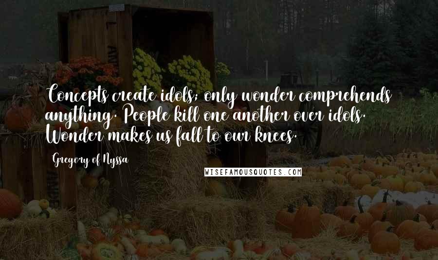 Gregory Of Nyssa Quotes: Concepts create idols; only wonder comprehends anything. People kill one another over idols. Wonder makes us fall to our knees.