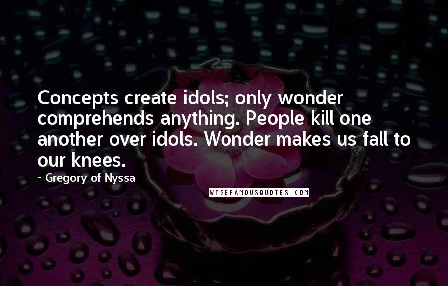 Gregory Of Nyssa Quotes: Concepts create idols; only wonder comprehends anything. People kill one another over idols. Wonder makes us fall to our knees.