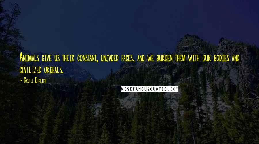 Gretel Ehrlich Quotes: Animals give us their constant, unjaded faces, and we burden them with our bodies and civilized ordeals.