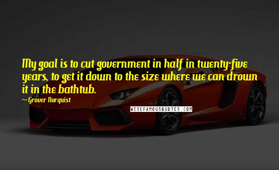 Grover Norquist Quotes: My goal is to cut government in half in twenty-five years, to get it down to the size where we can drown it in the bathtub.