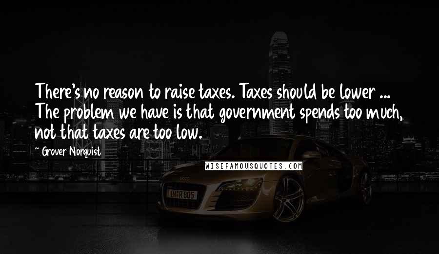 Grover Norquist Quotes: There's no reason to raise taxes. Taxes should be lower ... The problem we have is that government spends too much, not that taxes are too low.