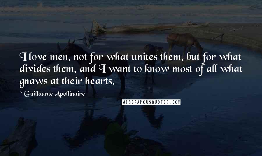 Guillaume Apollinaire Quotes: I love men, not for what unites them, but for what divides them, and I want to know most of all what gnaws at their hearts.