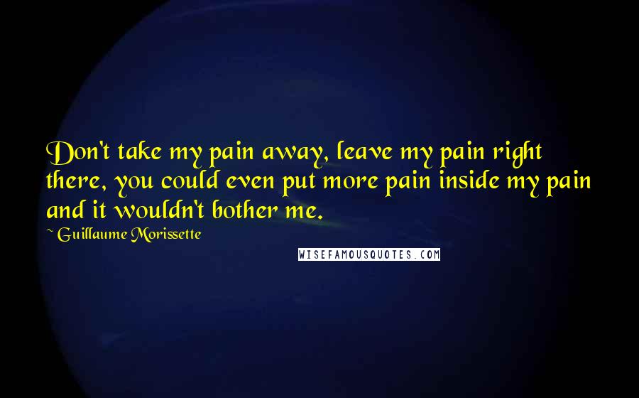 Guillaume Morissette Quotes: Don't take my pain away, leave my pain right there, you could even put more pain inside my pain and it wouldn't bother me.