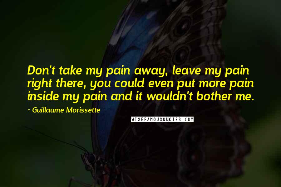 Guillaume Morissette Quotes: Don't take my pain away, leave my pain right there, you could even put more pain inside my pain and it wouldn't bother me.