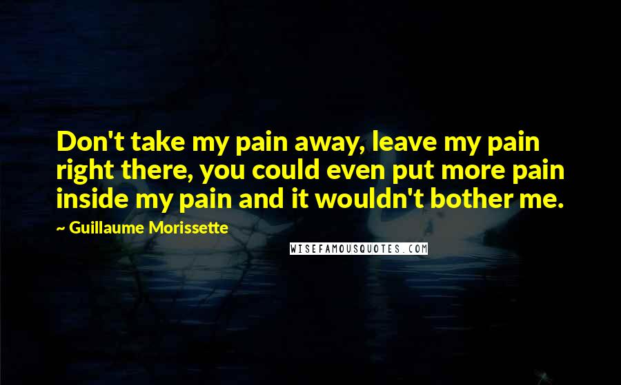 Guillaume Morissette Quotes: Don't take my pain away, leave my pain right there, you could even put more pain inside my pain and it wouldn't bother me.