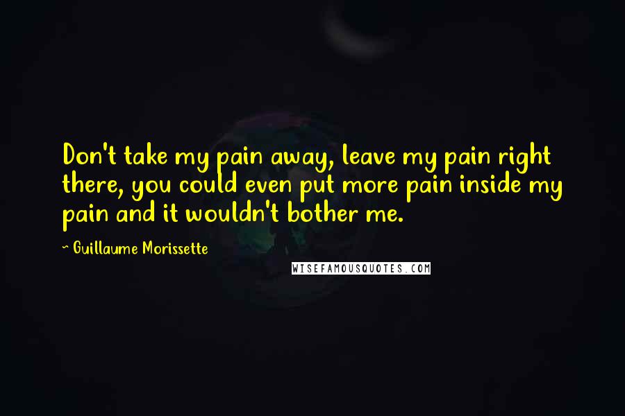 Guillaume Morissette Quotes: Don't take my pain away, leave my pain right there, you could even put more pain inside my pain and it wouldn't bother me.