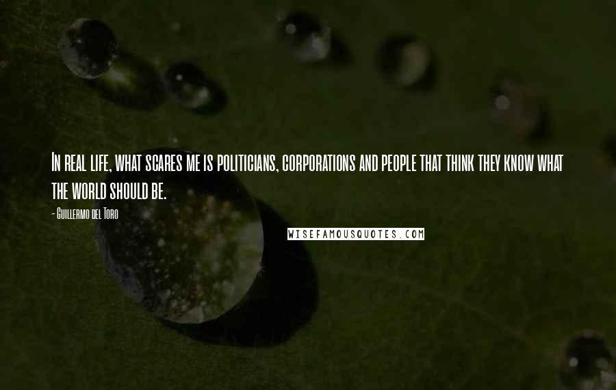 Guillermo Del Toro Quotes: In real life, what scares me is politicians, corporations and people that think they know what the world should be.