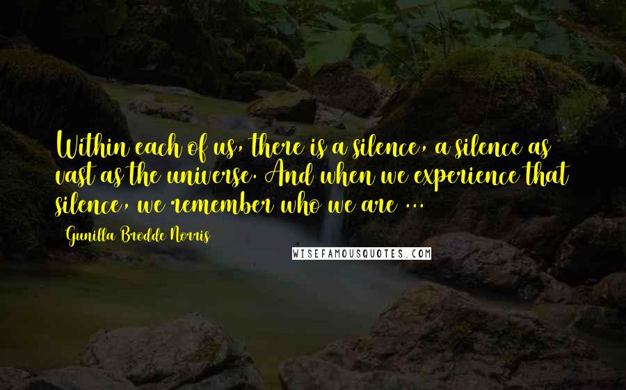 Gunilla Brodde Norris Quotes: Within each of us, there is a silence, a silence as vast as the universe. And when we experience that silence, we remember who we are ...