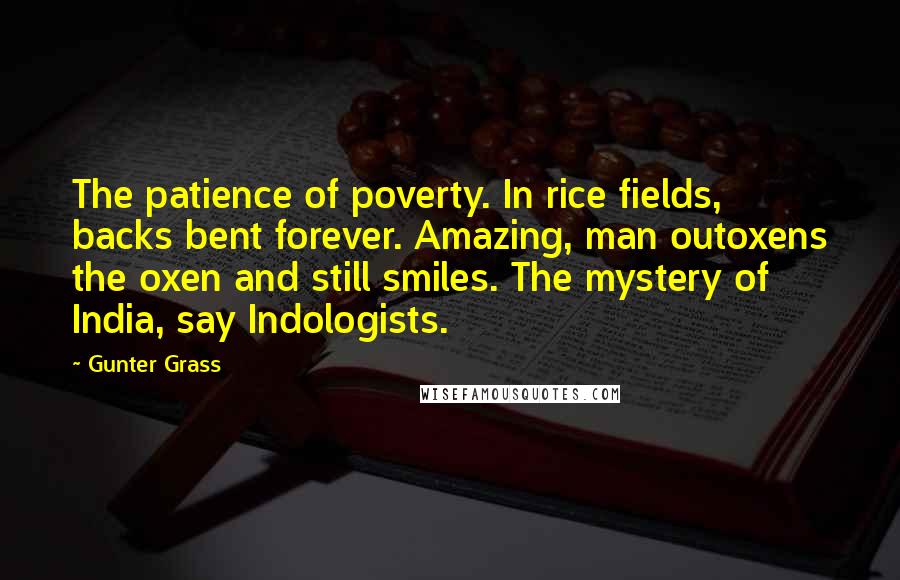 Gunter Grass Quotes: The patience of poverty. In rice fields, backs bent forever. Amazing, man outoxens the oxen and still smiles. The mystery of India, say Indologists.