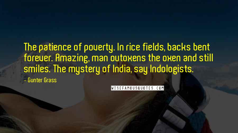 Gunter Grass Quotes: The patience of poverty. In rice fields, backs bent forever. Amazing, man outoxens the oxen and still smiles. The mystery of India, say Indologists.