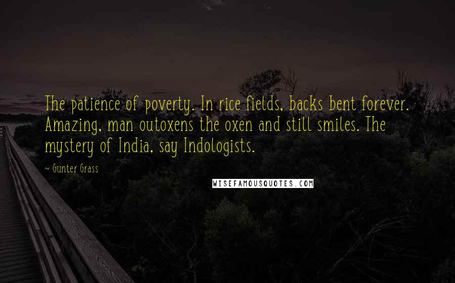 Gunter Grass Quotes: The patience of poverty. In rice fields, backs bent forever. Amazing, man outoxens the oxen and still smiles. The mystery of India, say Indologists.