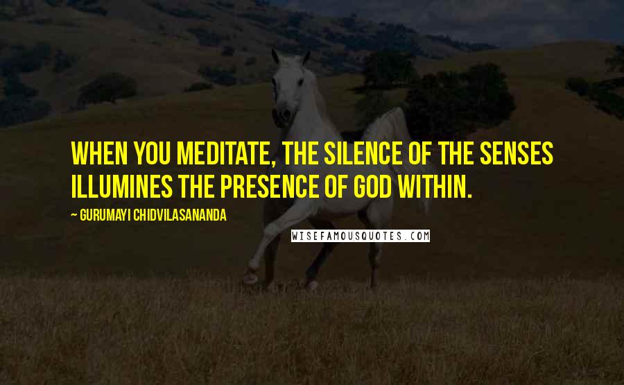 Gurumayi Chidvilasananda Quotes: When you meditate, the silence of the senses illumines the presence of God within.