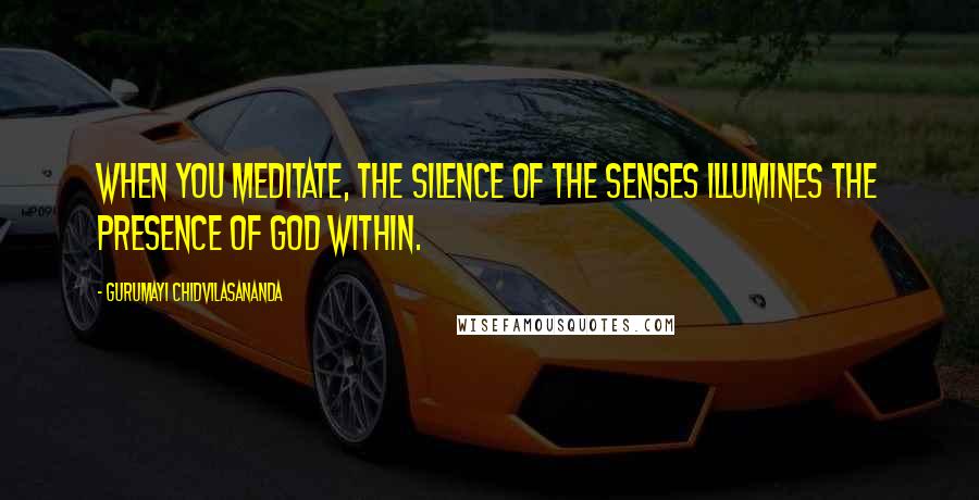 Gurumayi Chidvilasananda Quotes: When you meditate, the silence of the senses illumines the presence of God within.