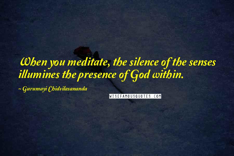 Gurumayi Chidvilasananda Quotes: When you meditate, the silence of the senses illumines the presence of God within.