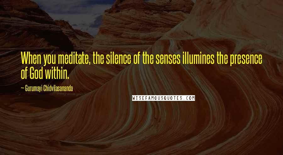 Gurumayi Chidvilasananda Quotes: When you meditate, the silence of the senses illumines the presence of God within.