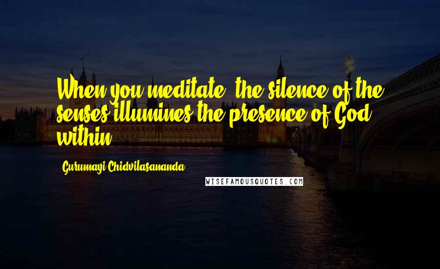 Gurumayi Chidvilasananda Quotes: When you meditate, the silence of the senses illumines the presence of God within.