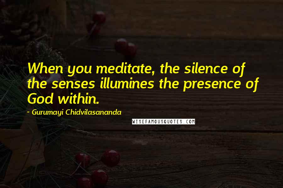 Gurumayi Chidvilasananda Quotes: When you meditate, the silence of the senses illumines the presence of God within.