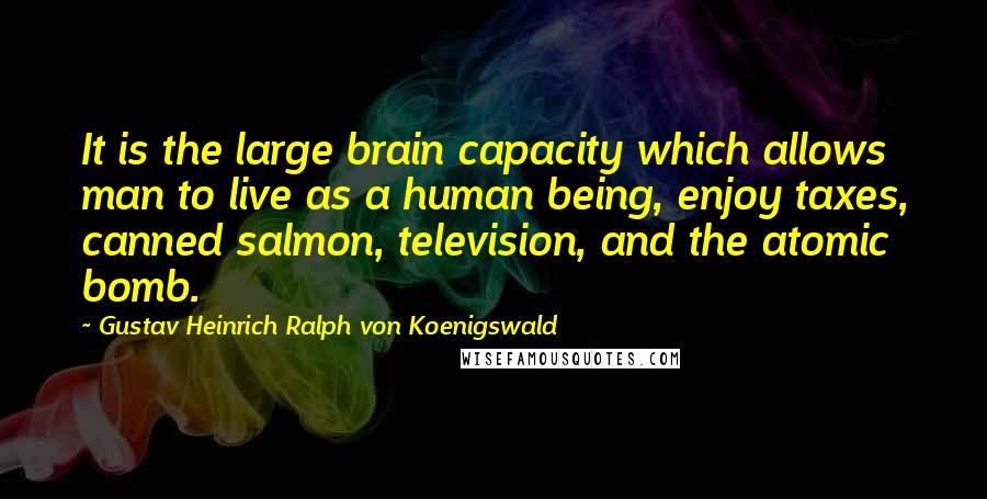 Gustav Heinrich Ralph Von Koenigswald Quotes: It is the large brain capacity which allows man to live as a human being, enjoy taxes, canned salmon, television, and the atomic bomb.