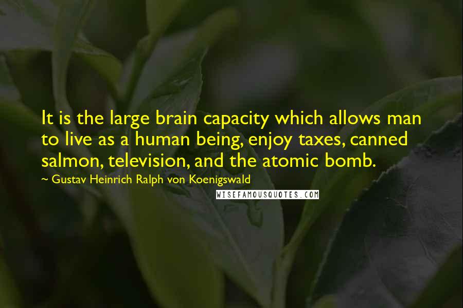 Gustav Heinrich Ralph Von Koenigswald Quotes: It is the large brain capacity which allows man to live as a human being, enjoy taxes, canned salmon, television, and the atomic bomb.