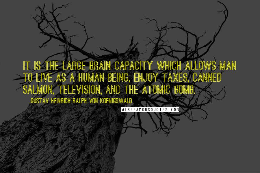 Gustav Heinrich Ralph Von Koenigswald Quotes: It is the large brain capacity which allows man to live as a human being, enjoy taxes, canned salmon, television, and the atomic bomb.